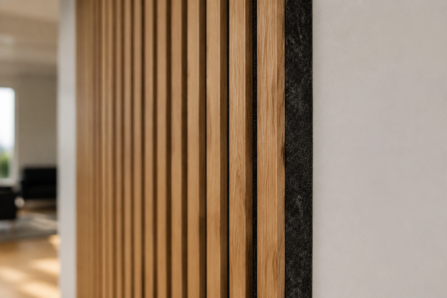 Close detail of acoustic wall panel Melbourne showing timber slat construction with recycled PET acoustic felt backing by Northside Joinery