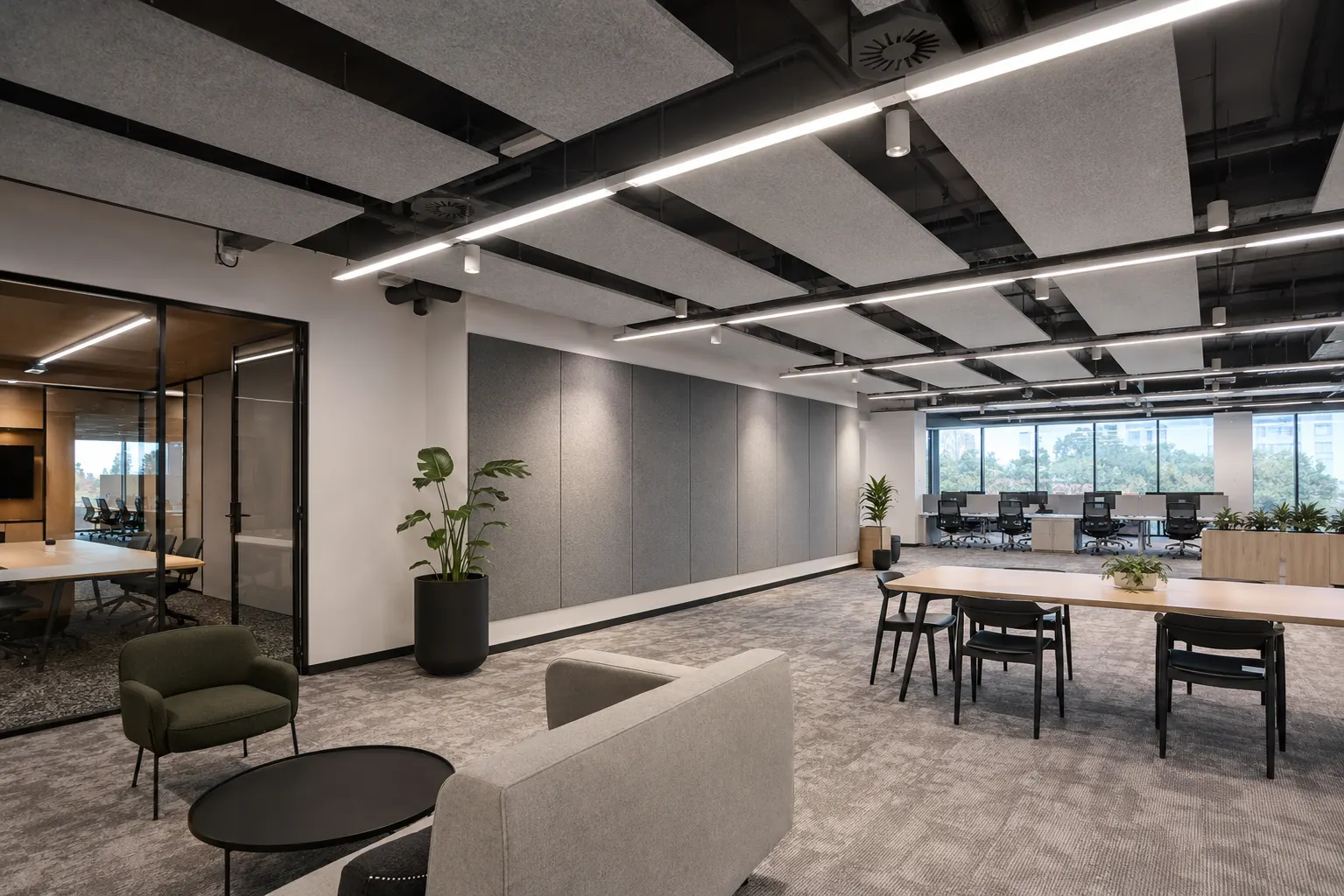 Commercial acoustic panelling installation Melbourne office space, fabric wrapped mineral wool panels on ceiling and walls improving speech intelligibility by Northside Joinery