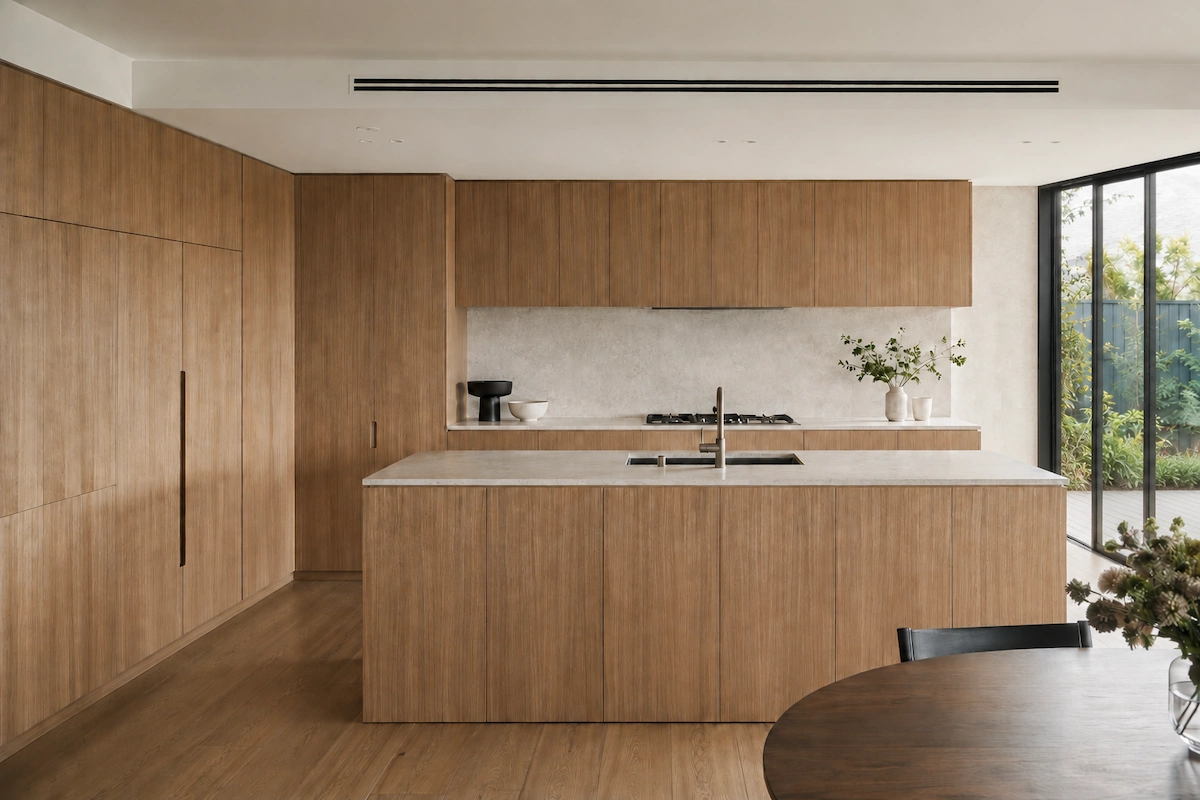 Custom timber veneer kitchen Melbourne by Northside Joinery, warm oak veneer cabinet doors with stone benchtop and handleless design
