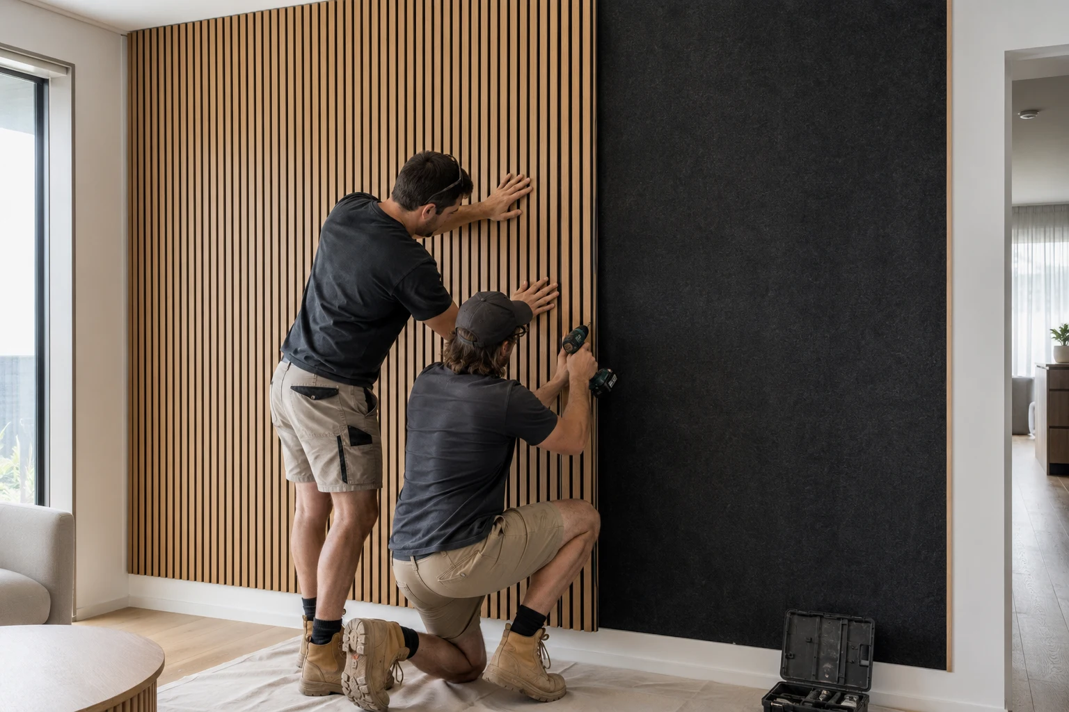 Acoustic panel installation in progress Melbourne, Northside Joinery fitting timber slat panels to residential wall