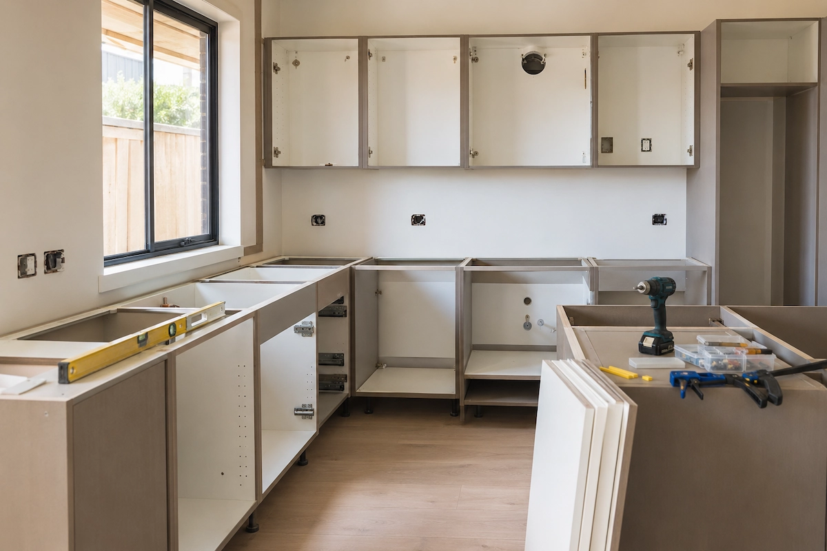 Custom kitchen installation in progress Melbourne by Northside Joinery, cabinet maker fitting two-pack polyurethane joinery to kitchen walls