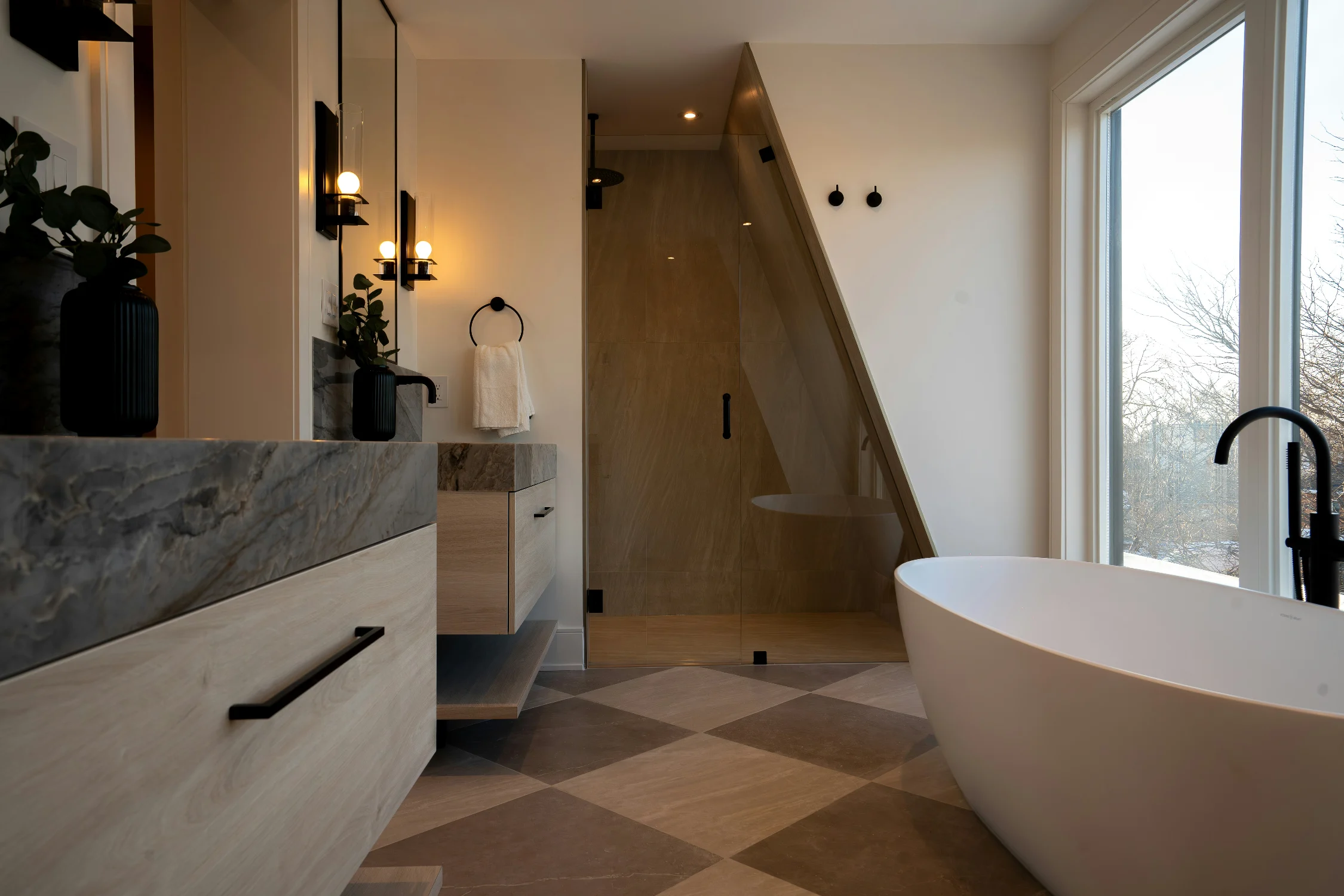 Completed bathroom renovation Richmond Melbourne by Northside Joinery, custom vanity with stone benchtop and premium tiling throughout