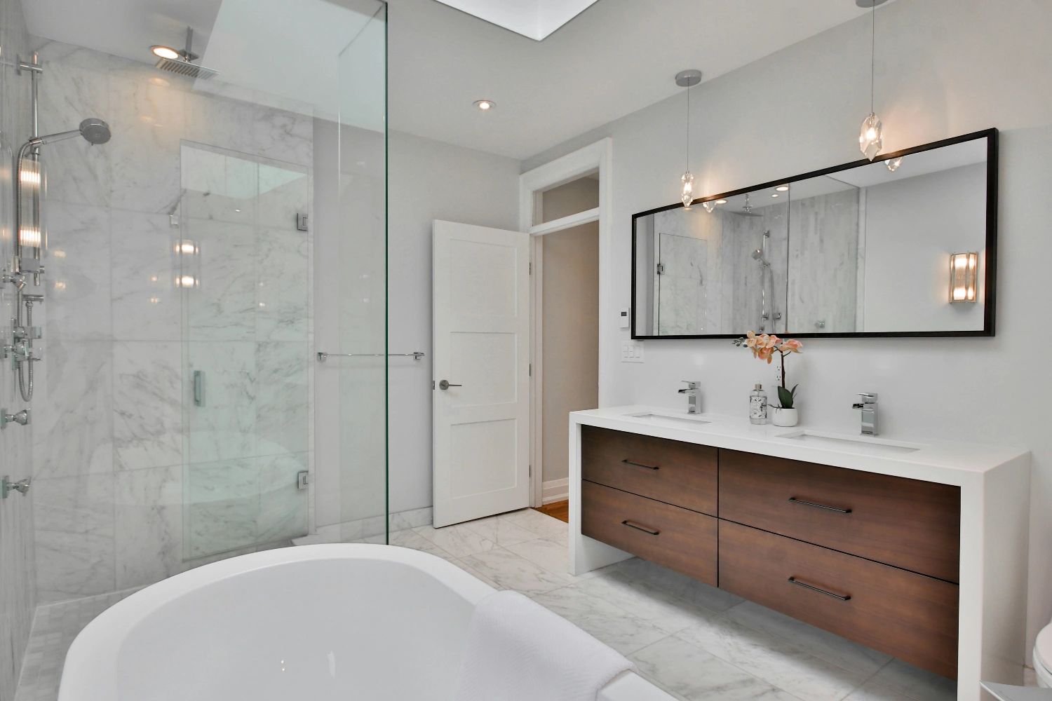 Bathroom renovation Vermont South Melbourne by Northside Joinery, tiled shower recess with custom vanity and stone benchtop