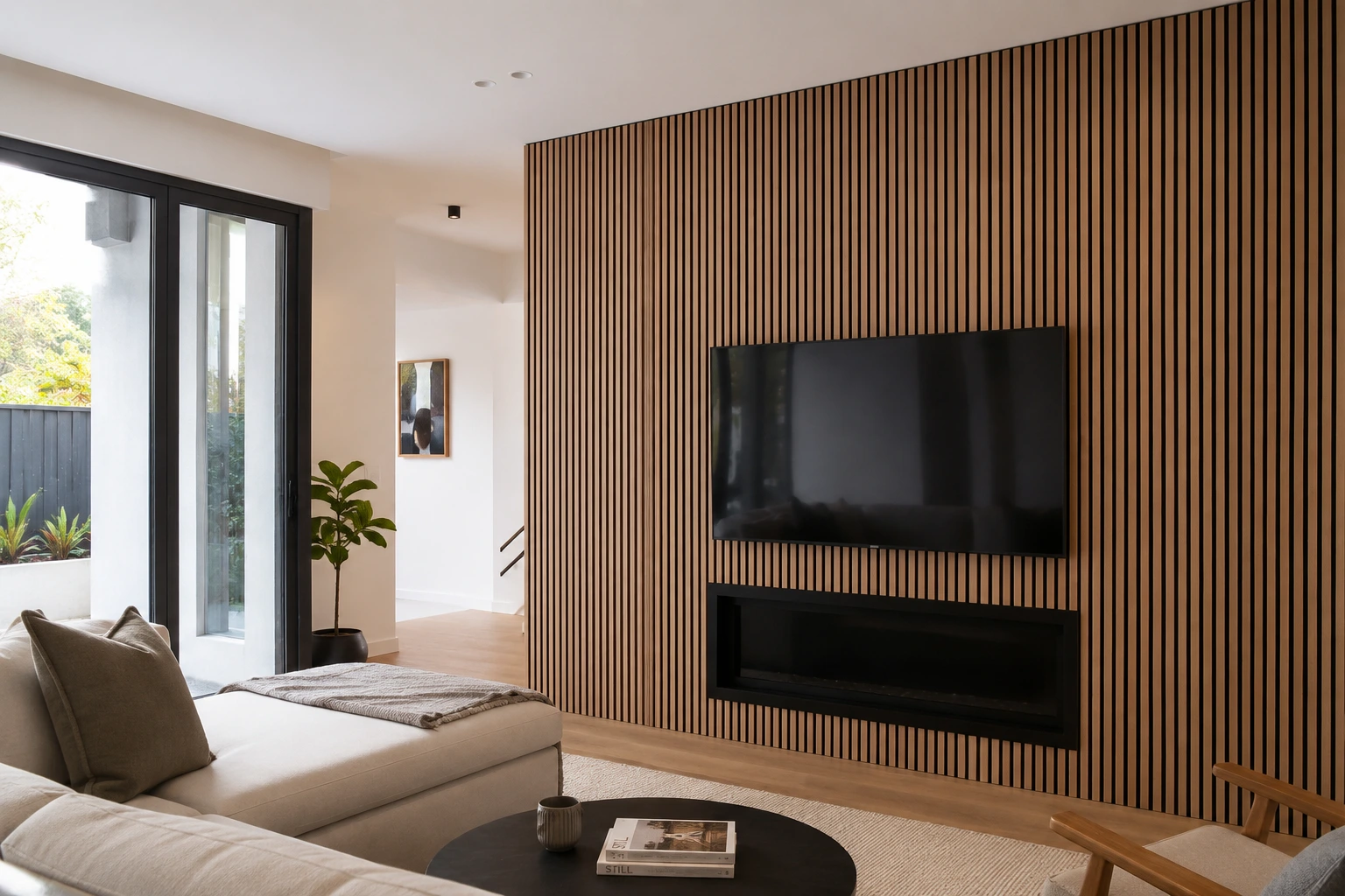 Modern acoustic panelling installation Melbourne residential interior, timber slat acoustic panels on feature wall with warm ambient lighting by Northside Joinery