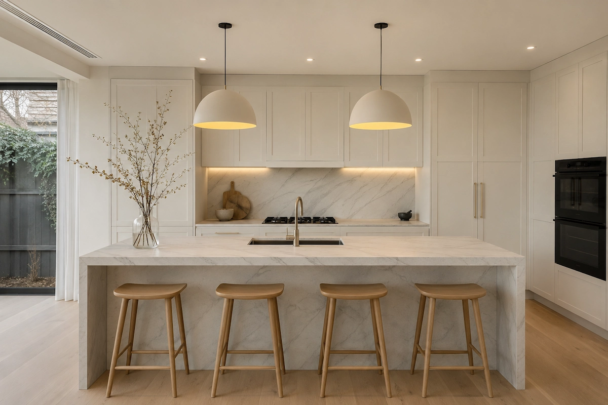 Modern completed custom kitchen Melbourne by Northside Joinery, two-pack polyurethane shaker doors with porcelain slab benchtop and island bench