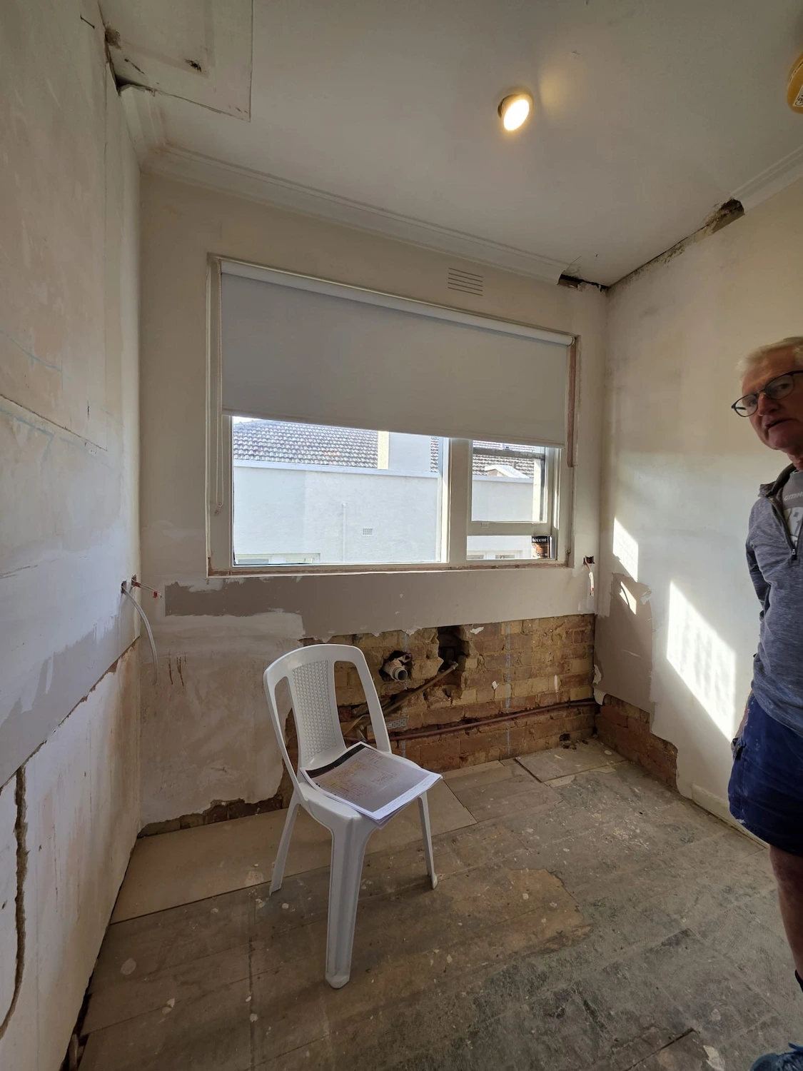Laundry stripped to plaster before renovation East Melbourne by Northside Joinery, ready for waterproofing and tiling