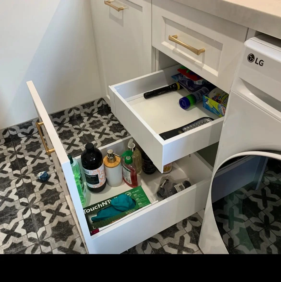 Custom laundry drawer configuration Eltham Melbourne by Northside Joinery, soft-close drawer runners with organised storage