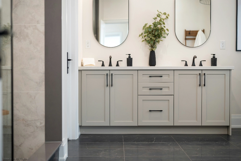 Completed bathroom renovation Lalor Melbourne by Northside Joinery, custom joinery vanity with stone benchtop and tiled wet area