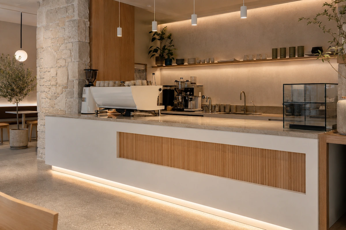 Custom cafe service counter Melbourne by Northside Joinery, two-pack polyurethane white counter with timber feature panel and integrated LED lighting